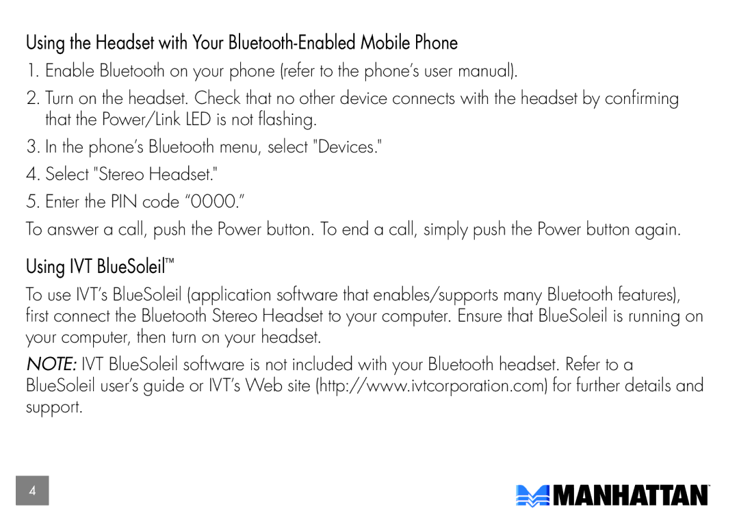 Manhattan Computer Products 175944 Using the Headset with Your Bluetooth-Enabled Mobile Phone, Using IVT BlueSoleil 