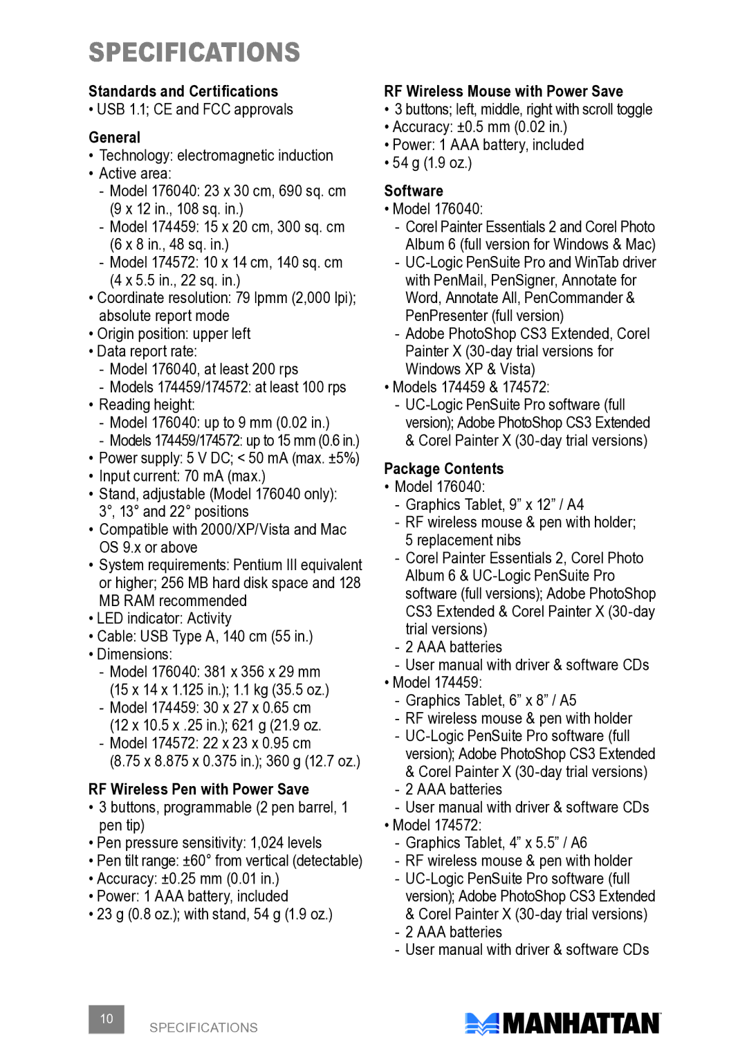 Manhattan Computer Products 174572, 176040, 174459 user manual SPECIFICationS 