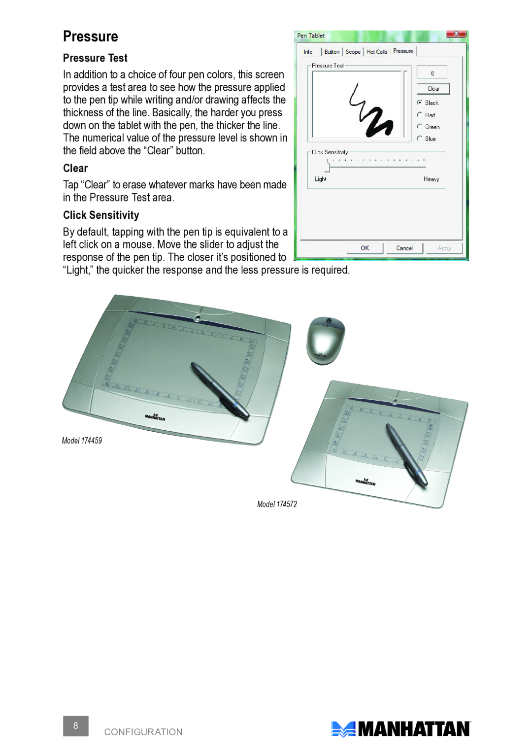 Manhattan Computer Products 174459, 176040, 174572 user manual Pressure Test, Click Sensitivity 