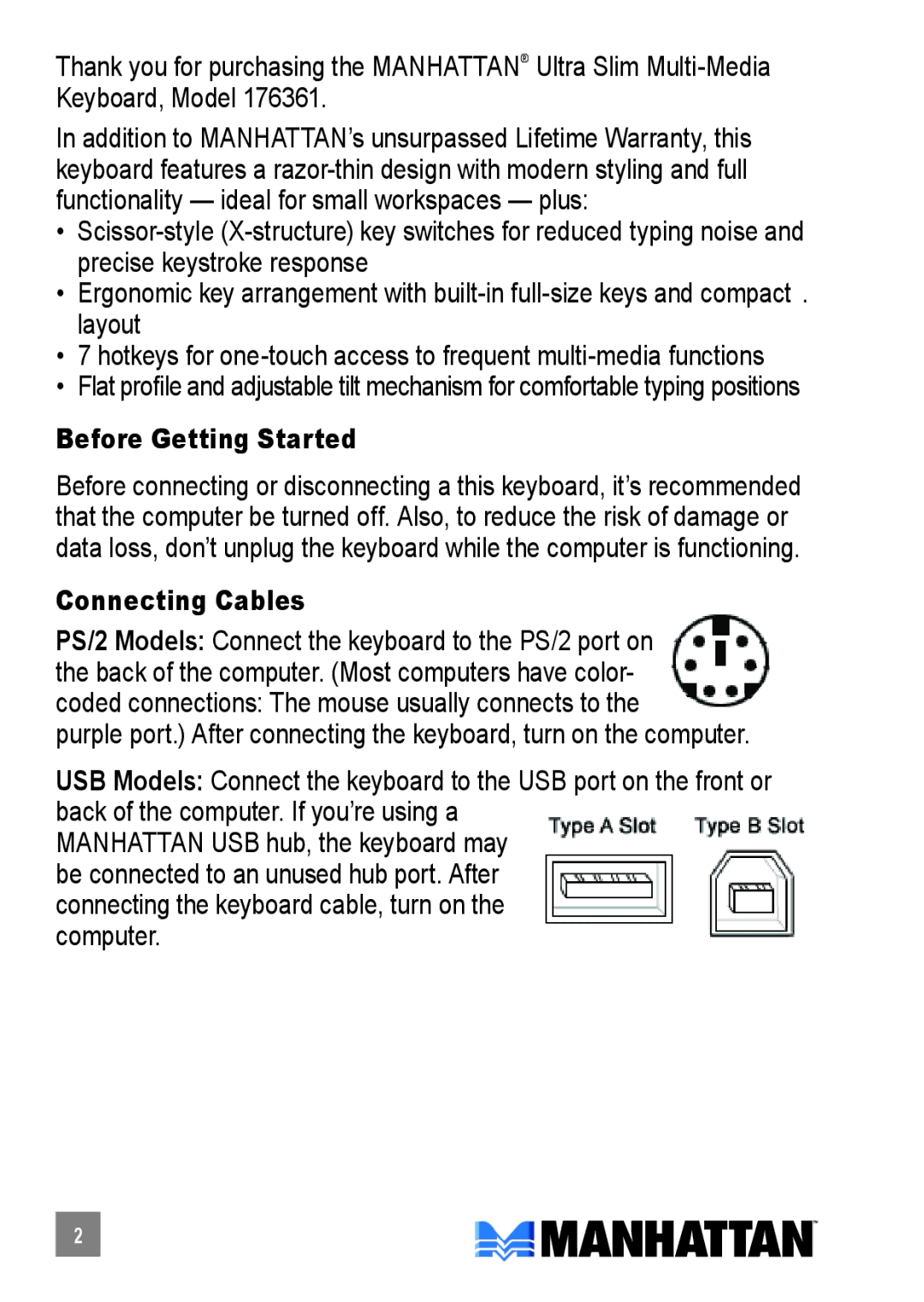 Manhattan Computer Products 176361 quick start Before Getting Started, Connecting Cables 