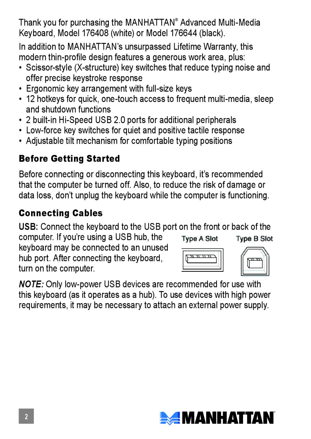 Manhattan Computer Products 176408, 176644 quick start Before Getting Started, Connecting Cables 