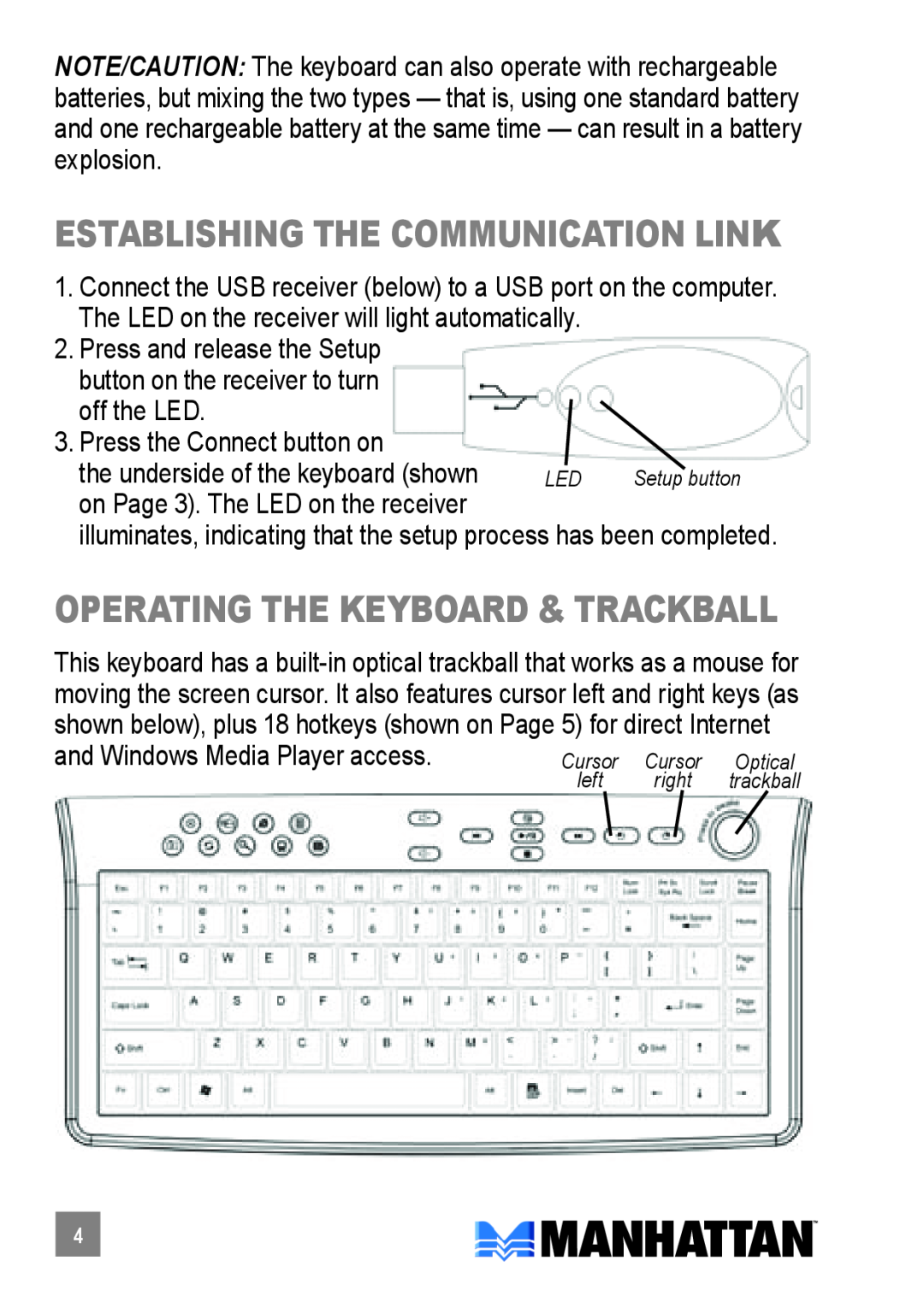 Manhattan Computer Products 176460 quick start establishing the communication link, Operating The Keyboard & Trackball 