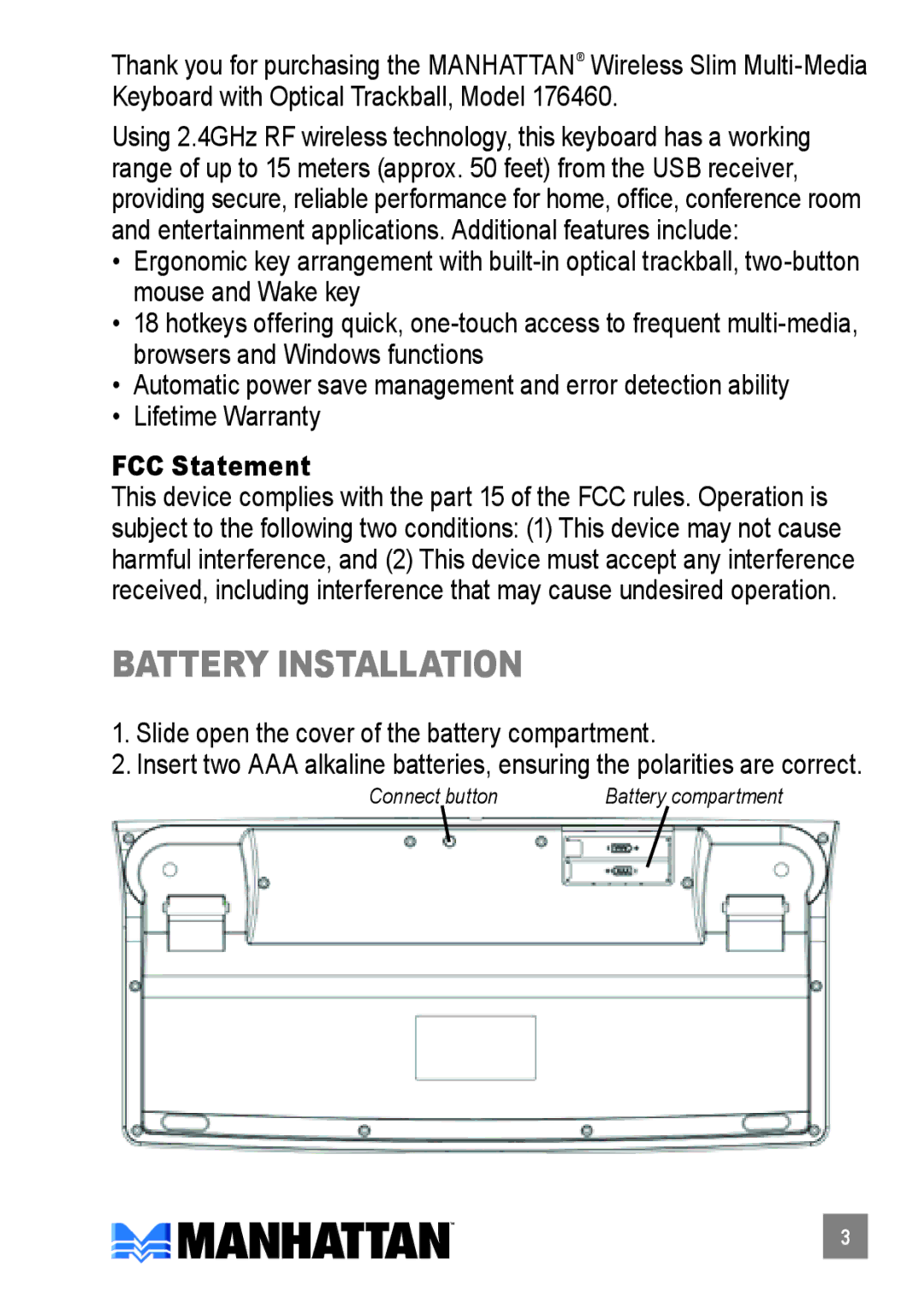 Manhattan Computer Products 176460 Battery installation, FCC Statement, Slide open the cover of the battery compartment 