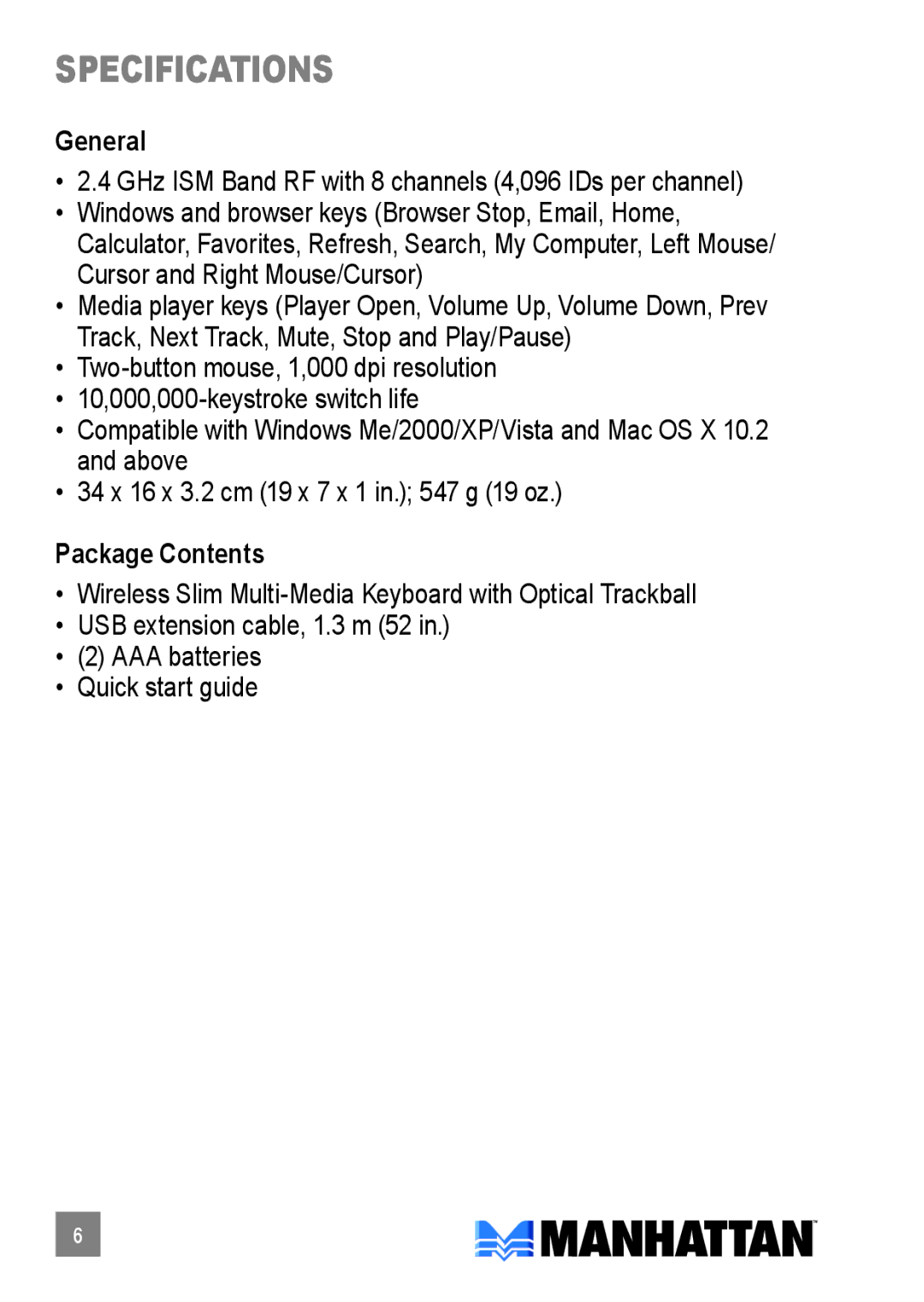 Manhattan Computer Products 176460 quick start Specifications, General, Package Contents 