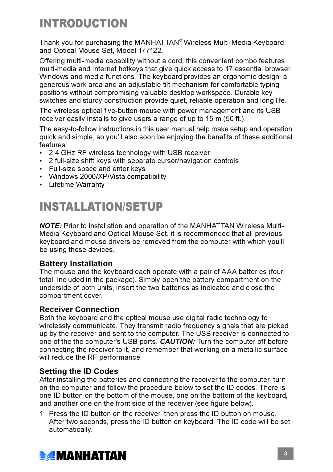 Manhattan Computer Products 177122 user manual introduction, installation/setup, Battery Installation, Receiver Connection 