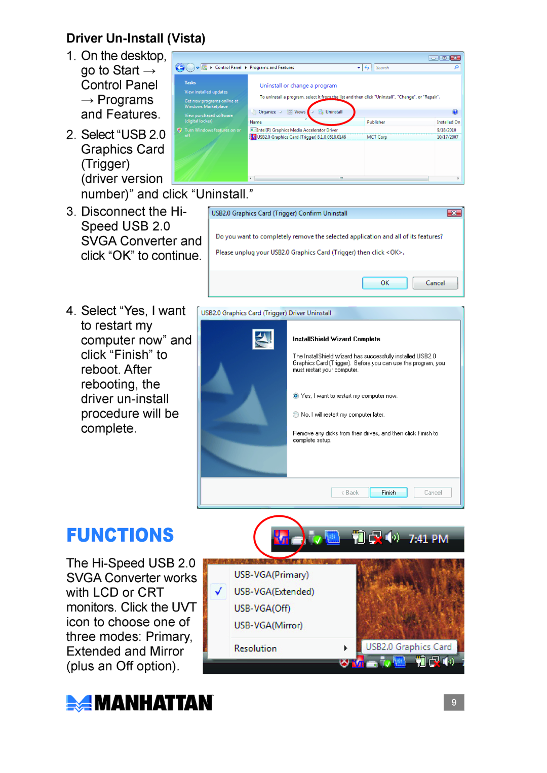 Manhattan Computer Products 179119 user manual Functions, Driver Un-Install Vista 
