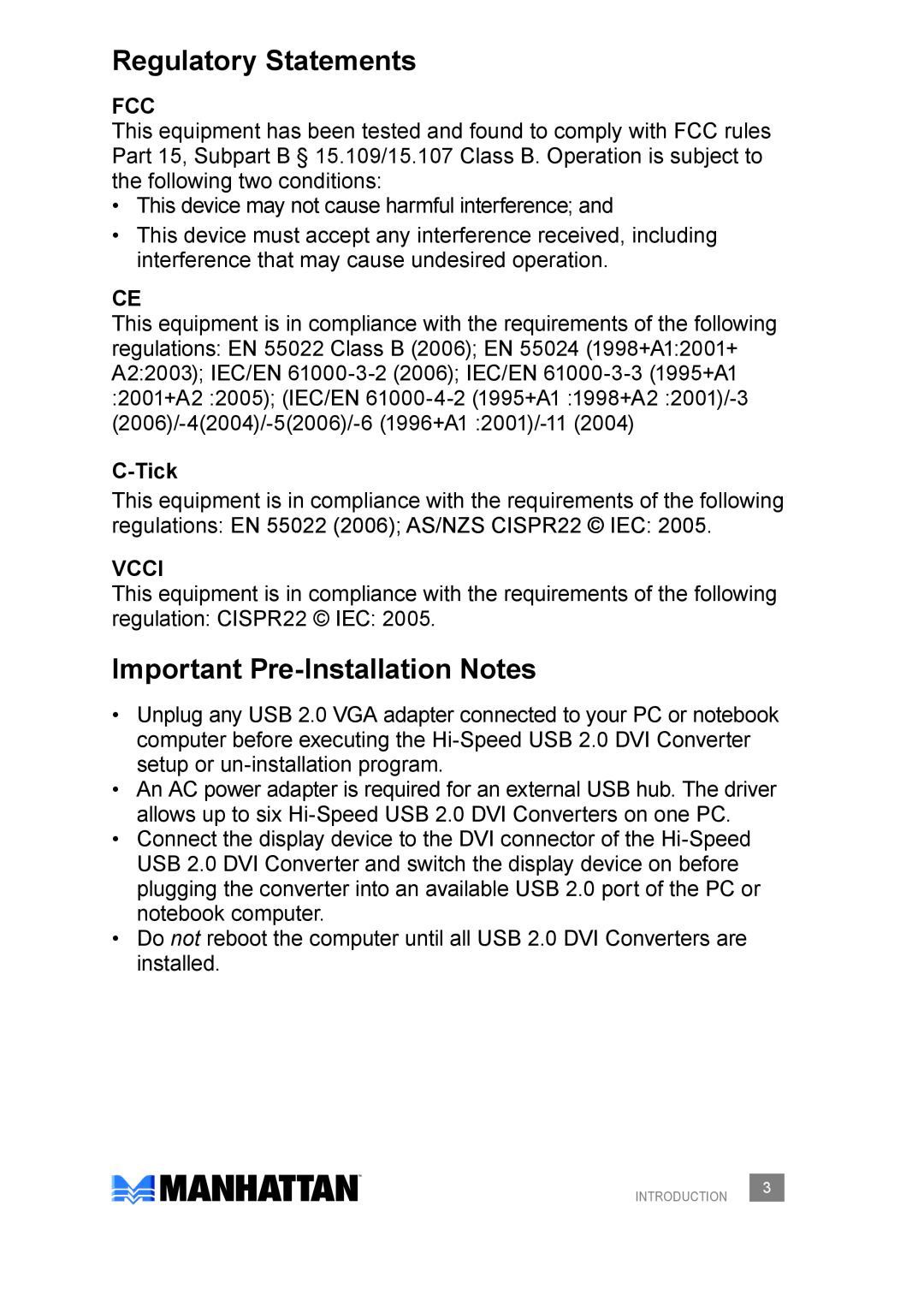 Manhattan Computer Products 179133 user manual Regulatory Statements, Important Pre-InstallationNotes, C-Tick, Vcci 