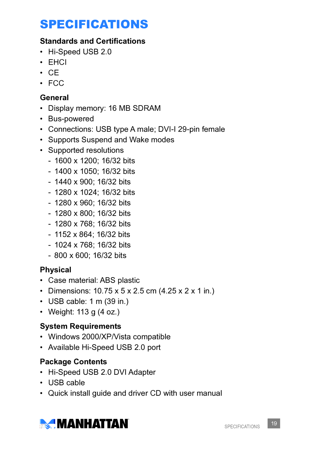 Manhattan Computer Products 179133 user manual Specifications, General 