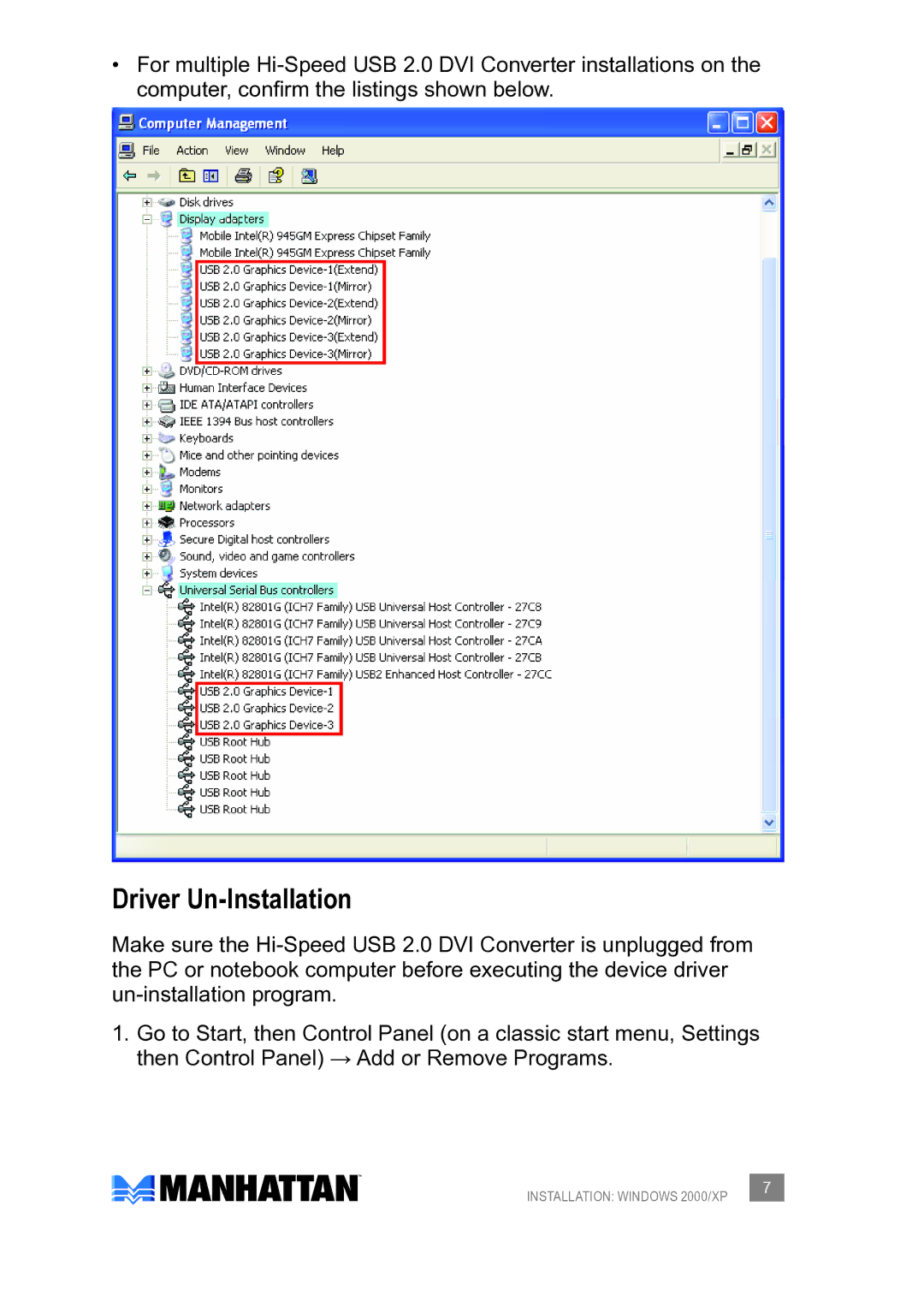 Manhattan Computer Products 179133 user manual Driver Un-Installation 