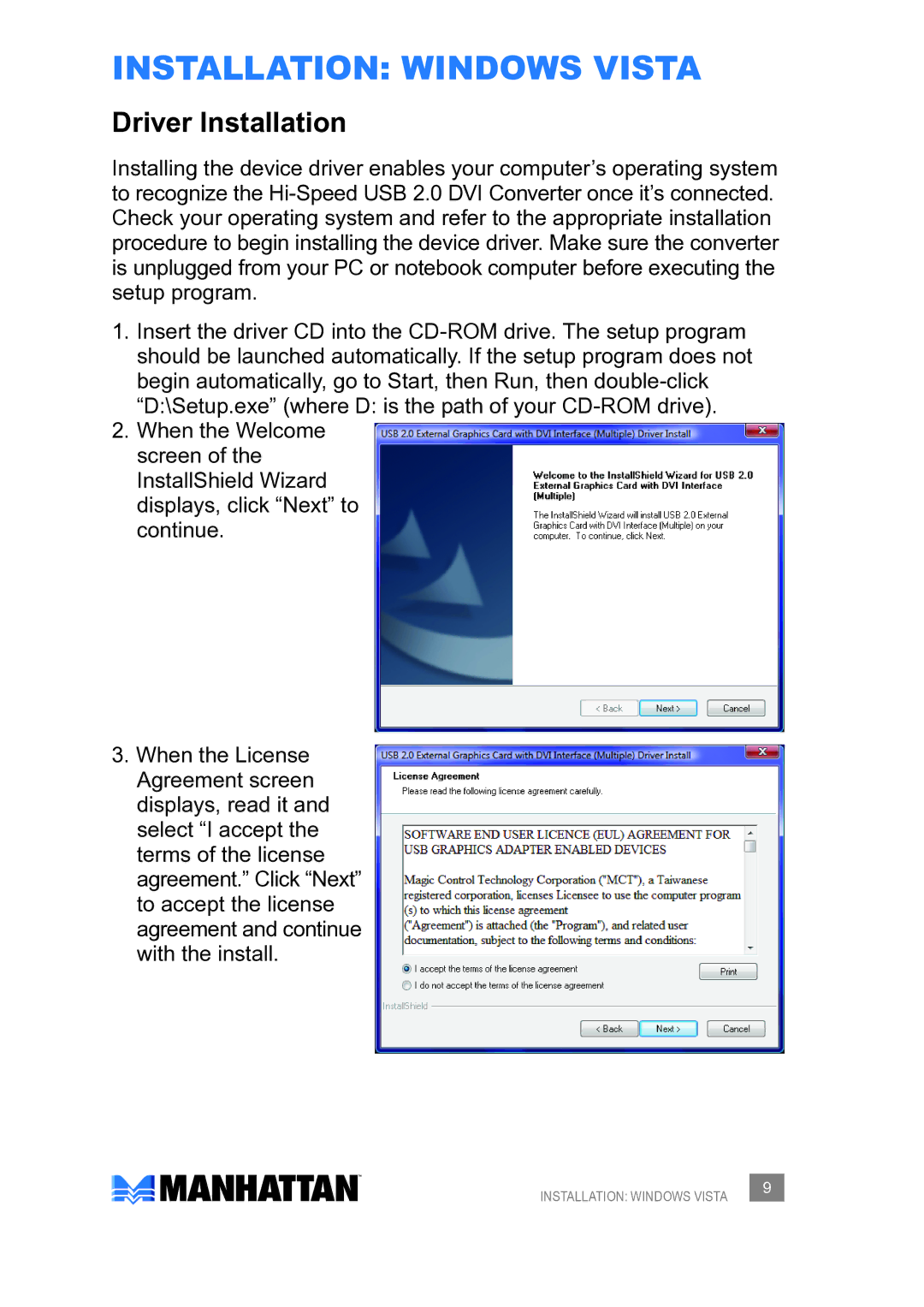 Manhattan Computer Products 179133 user manual Installation Windows vista, Driver Installation 