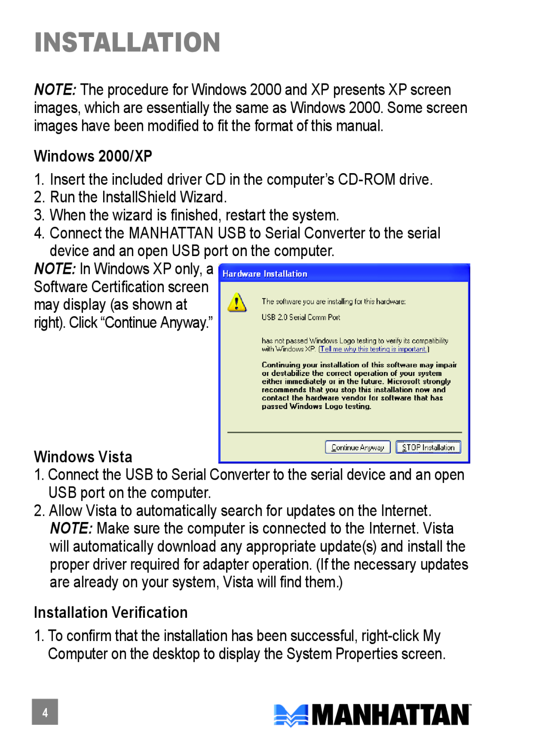 Manhattan Computer Products 205146 user manual installation, Windows 2000/XP, Windows Vista, Installation Verification 