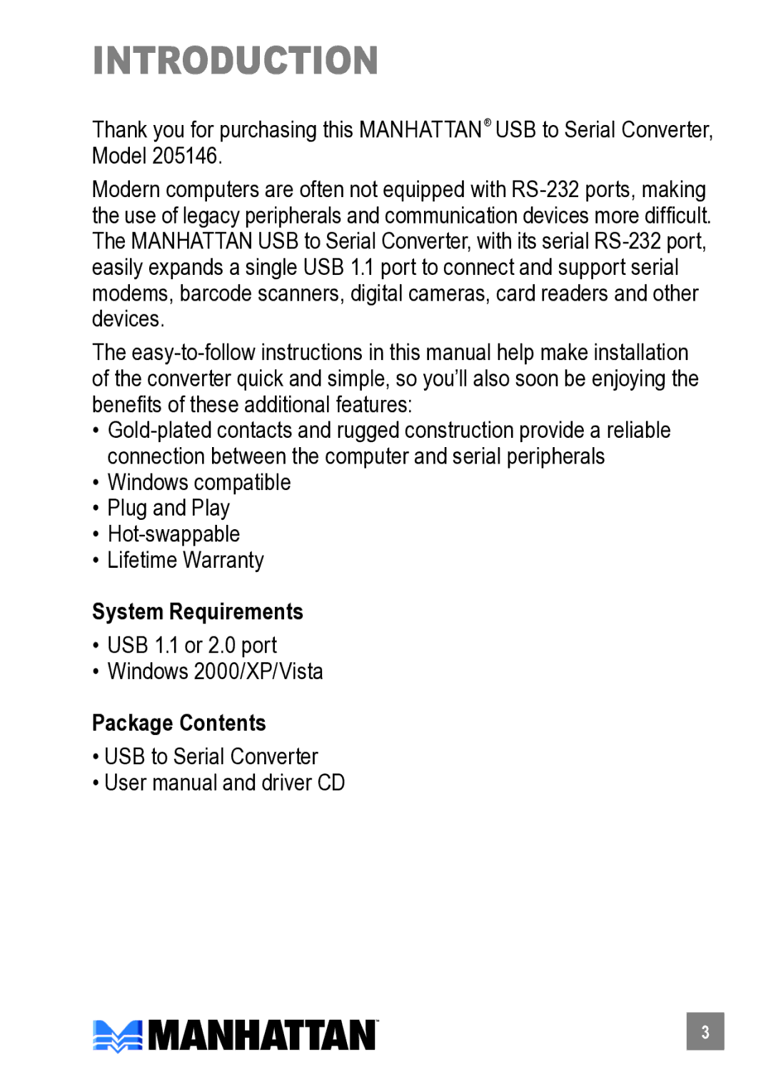 Manhattan Computer Products 205146 user manual Introduction, System Requirements, Package Contents 