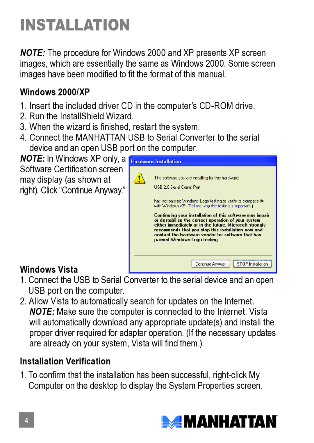 Manhattan Computer Products 205146 user manual Windows 2000/XP, Windows Vista, Installation Verification 