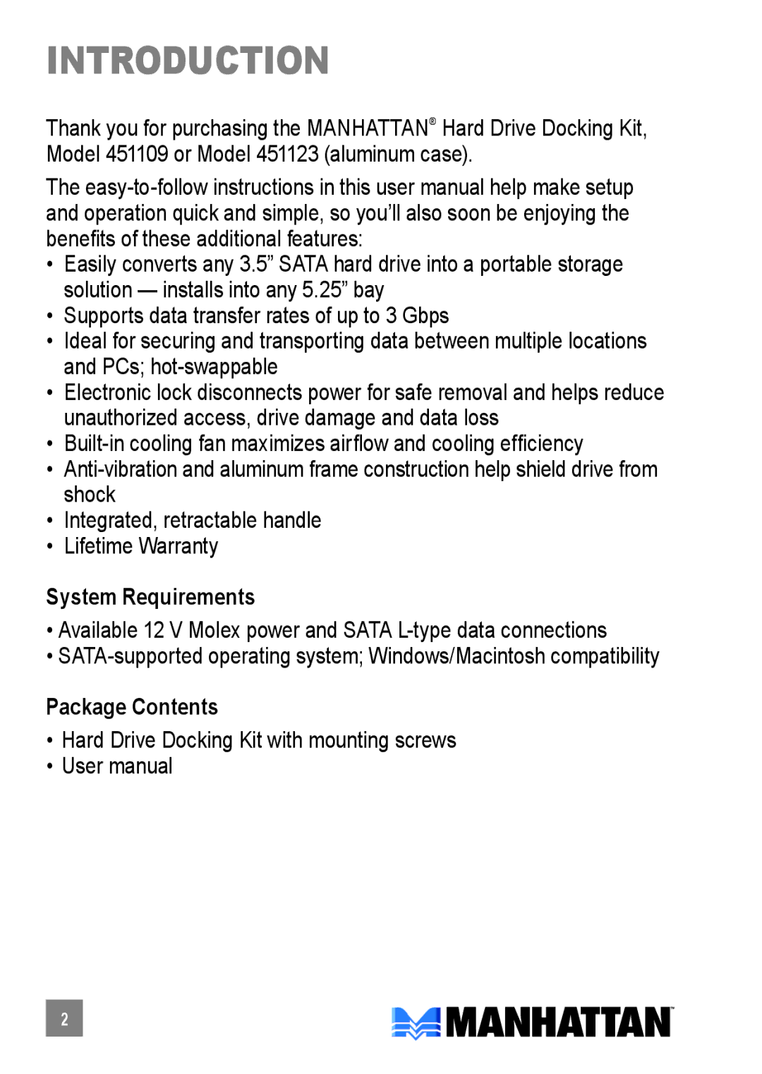 Manhattan Computer Products 451123, 451109 user manual Introduction, System Requirements, Package Contents 