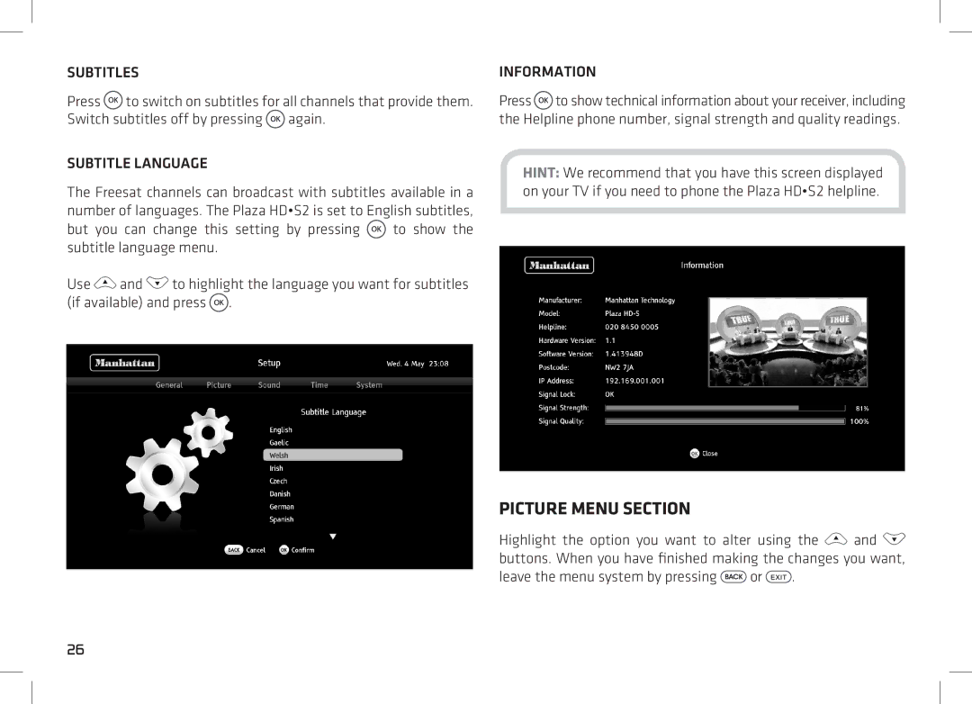 Manhattan Computer Products 52 manual Picture Menu Section, Subtitles, Subtitle Language, Information 