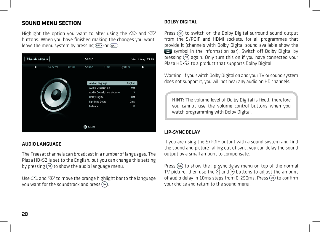 Manhattan Computer Products 52 manual Sound Menu Section, Audio Language, Dolby Digital, LIP-SYNC Delay 