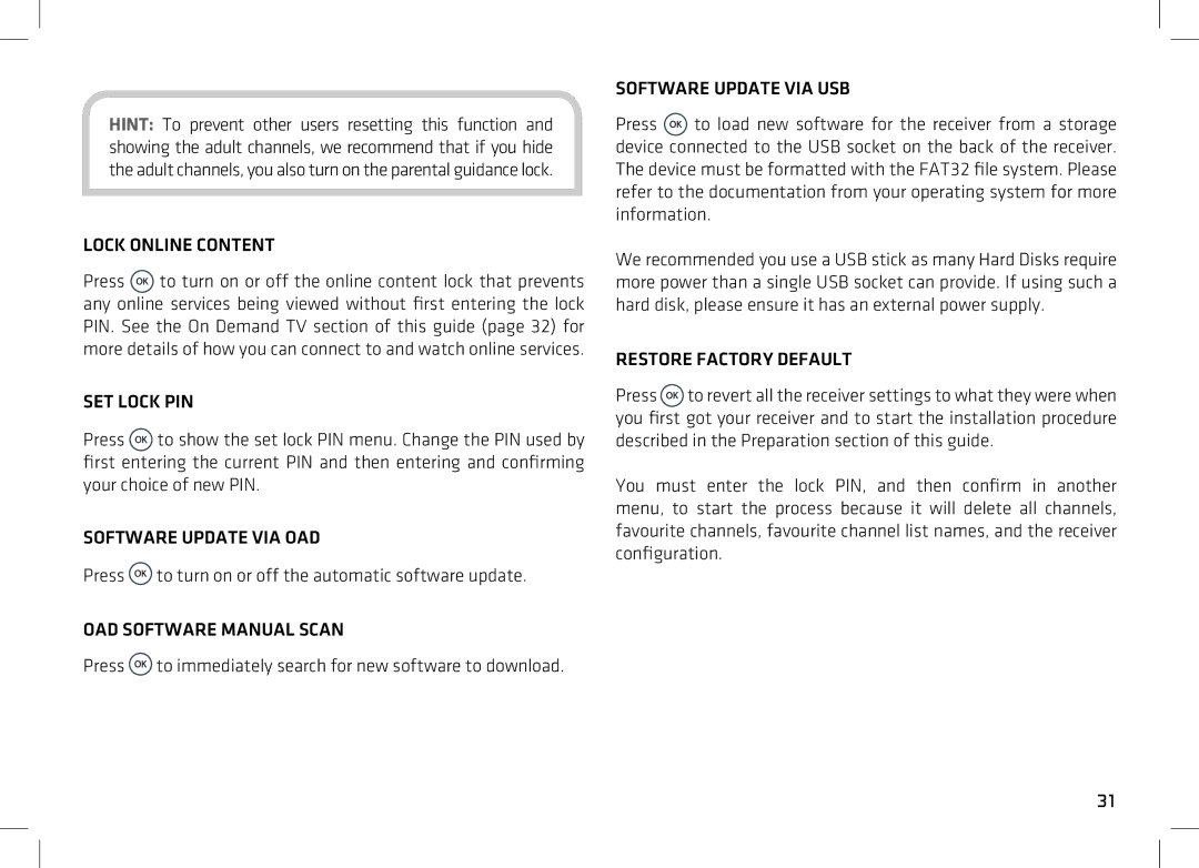 Manhattan Computer Products 52 manual Lock Online Content, SET Lock PIN, Software Update VIA OAD, OAD Software Manual Scan 