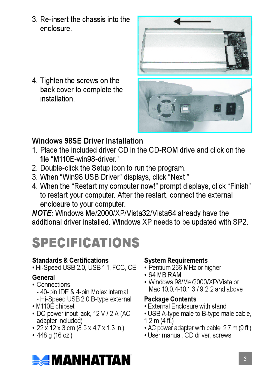 Manhattan Computer Products 703253 user manual Specifications, Windows 98SE Driver Installation 