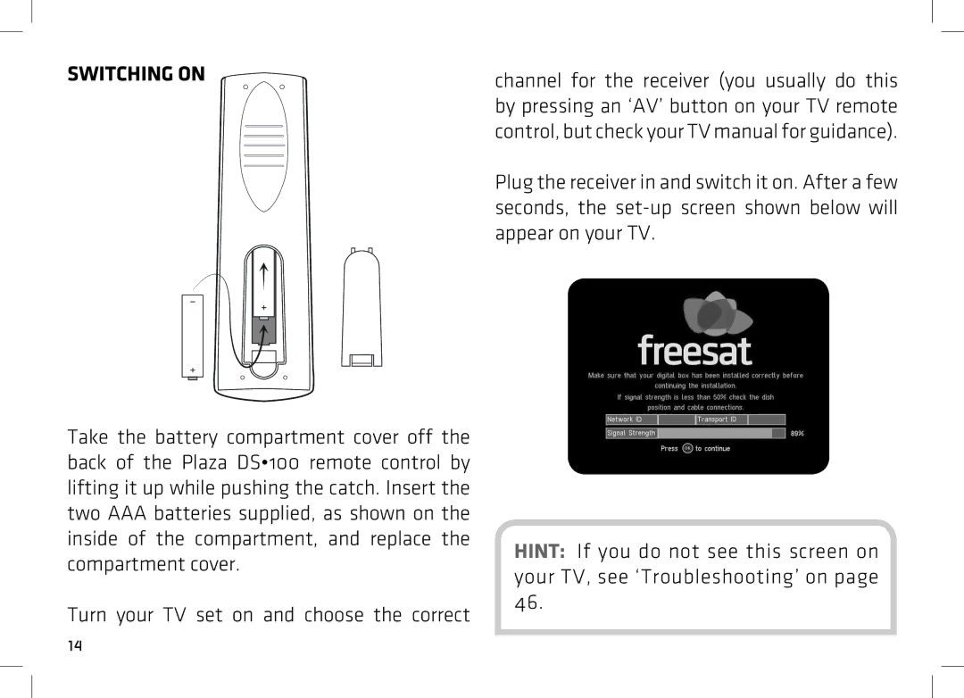 Manhattan Computer Products DS 100 manual Switching on, Turn your TV set on and choose the correct 