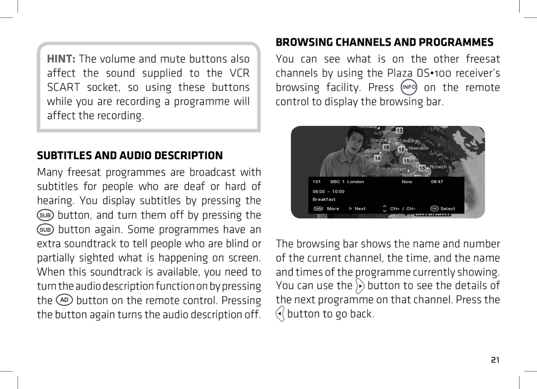 Manhattan Computer Products DS 100 manual Subtitles and Audio Description, Browsing Channels and Programmes 