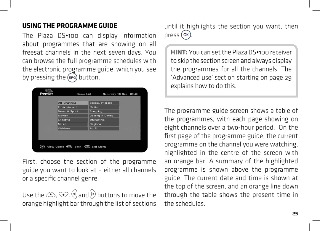 Manhattan Computer Products DS 100 manual Using the Programme Guide, Until it highlights the section you want, then press 