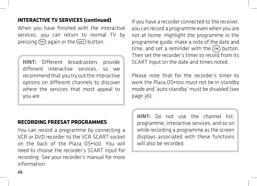 Manhattan Computer Products DS 100 manual Interactive TV Services, Recording Freesat Programmes 