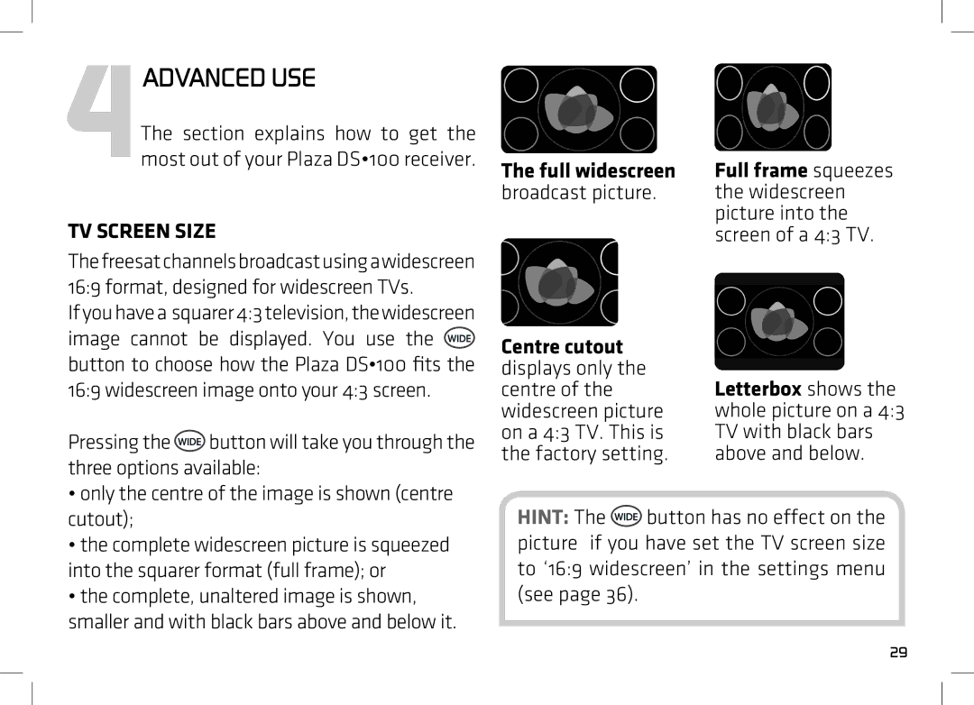 Manhattan Computer Products DS 100 manual 4ADVANCED USE, TV Screen Size, Full widescreen, Broadcast picture 