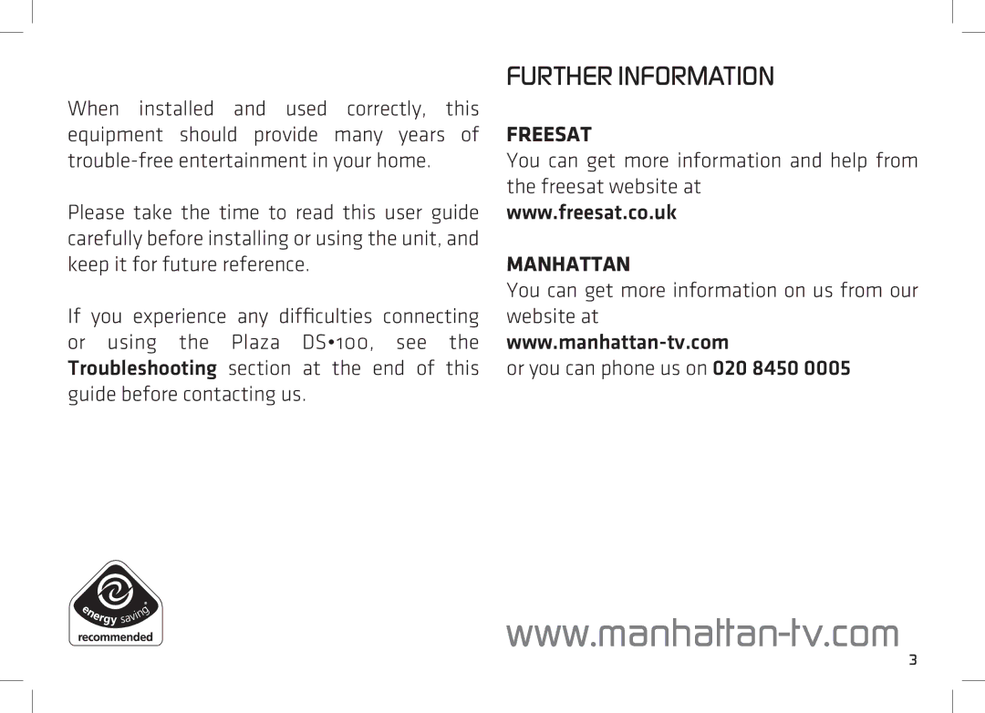 Manhattan Computer Products DS 100 manual Further Information, Freesat Manhattan 