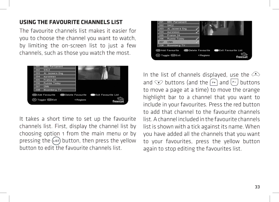 Manhattan Computer Products DS 100 manual Using the Favourite Channels List, List of channels displayed, use 