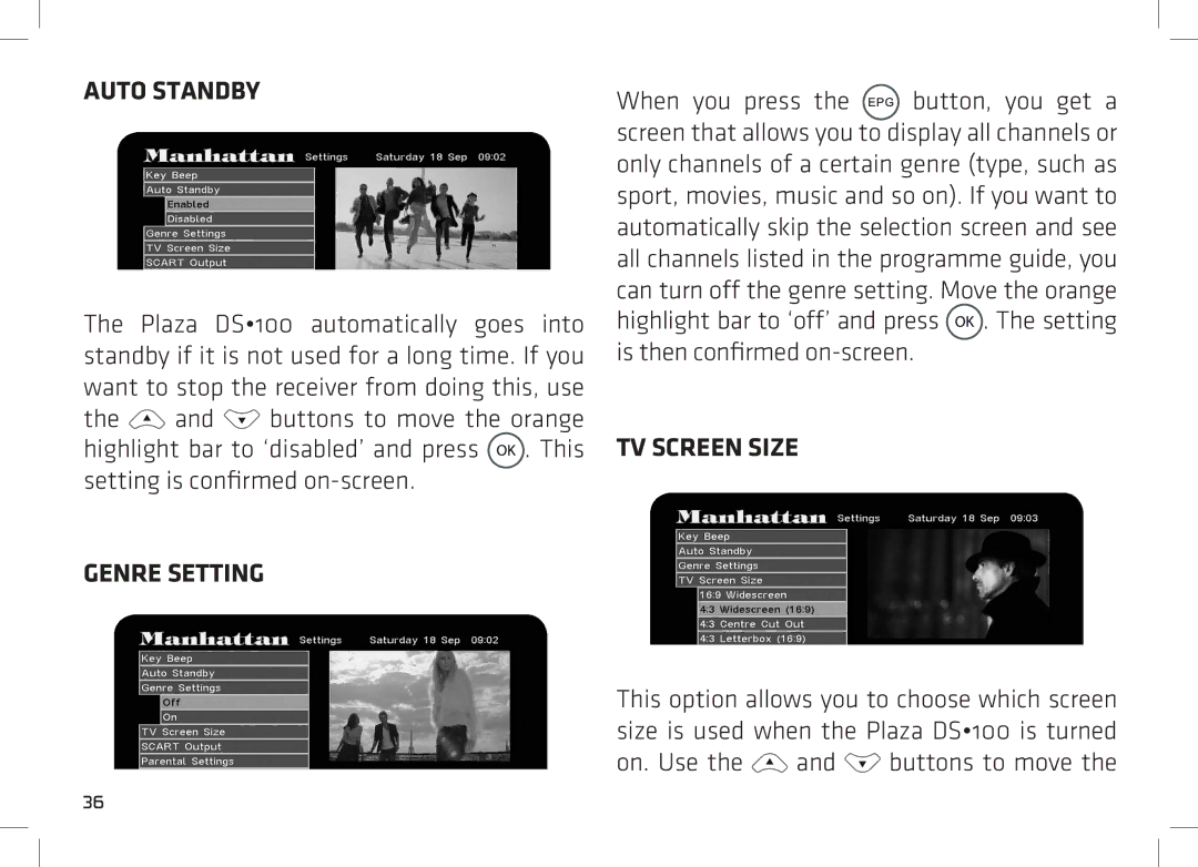 Manhattan Computer Products DS 100 manual Auto Standby, Genre Setting, On. Use the and buttons to move 