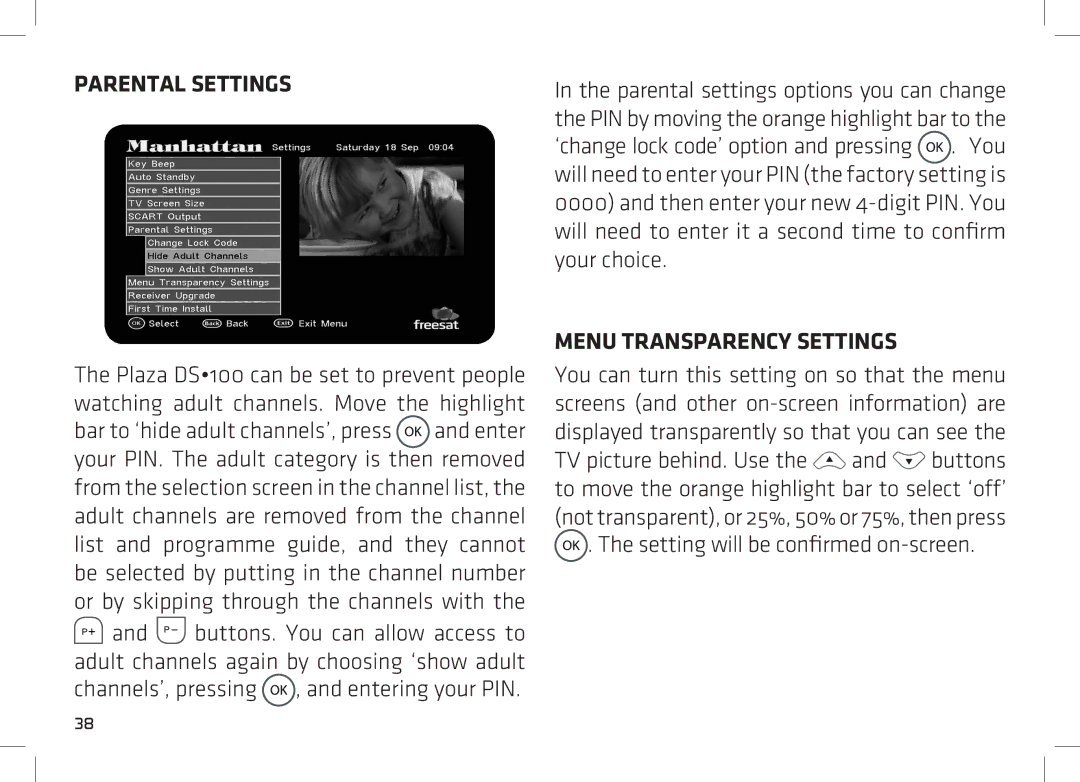 Manhattan Computer Products DS 100 manual Parental Settings, Menu Transparency Settings 