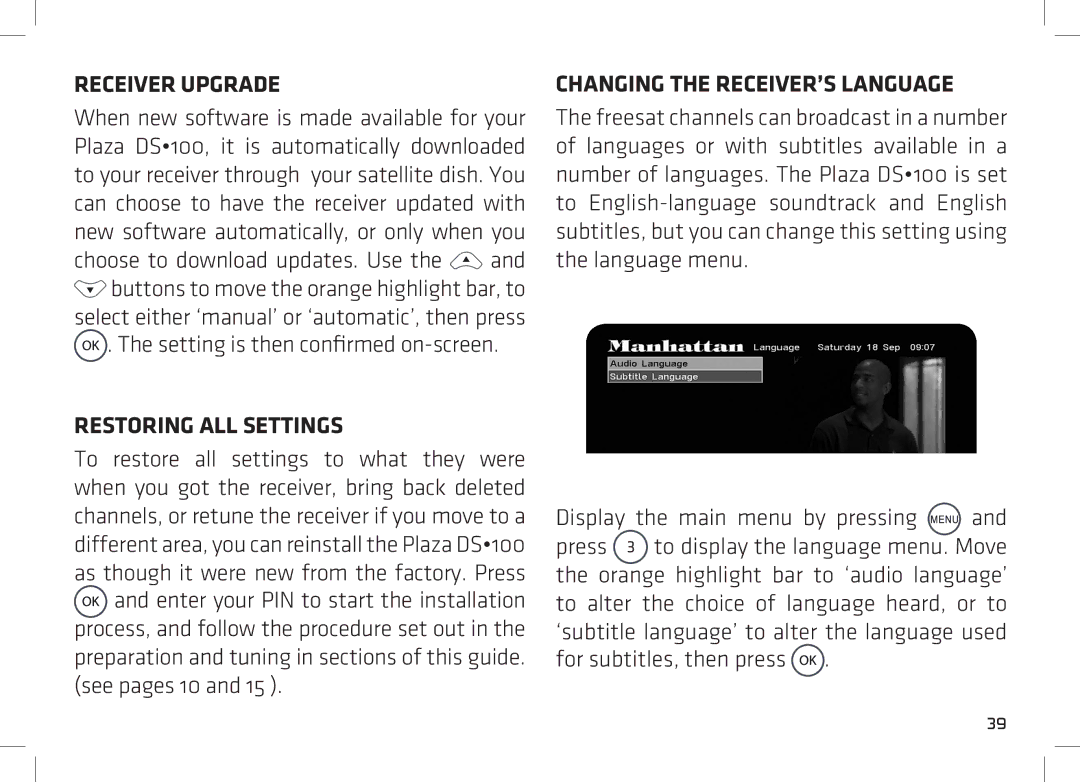 Manhattan Computer Products DS 100 manual Receiver Upgrade, Setting is then confirmed on-screen, Restoring ALL Settings 