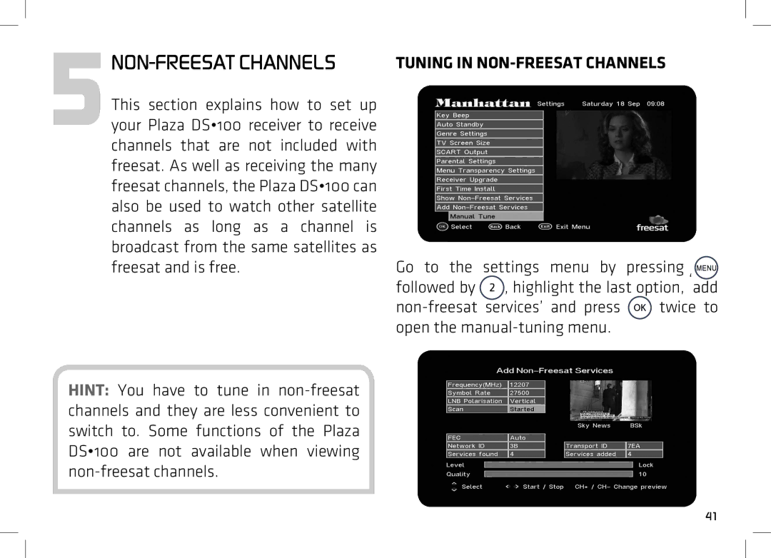 Manhattan Computer Products DS 100 manual 5NON-FREESAT Channels, Tuning in NON-FREESAT Channels 