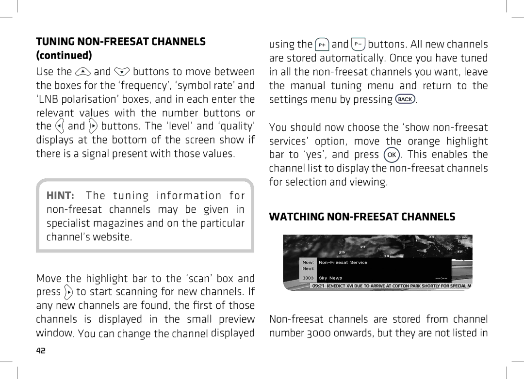 Manhattan Computer Products DS 100 Tuning NON-FREESAT Channels, Settings menu by pressing, Watching NON-FREESAT Channels 