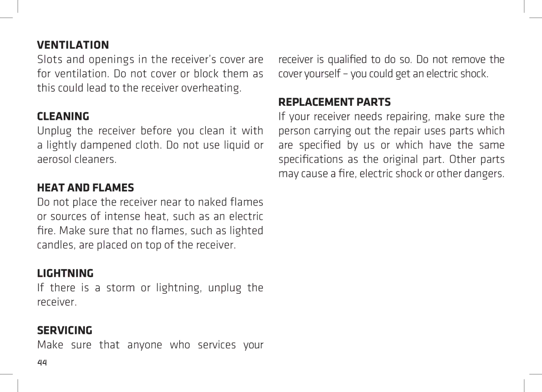 Manhattan Computer Products DS 100 manual Ventilation, Cleaning, Heat and Flames, Lightning, Servicing, Replacement Parts 