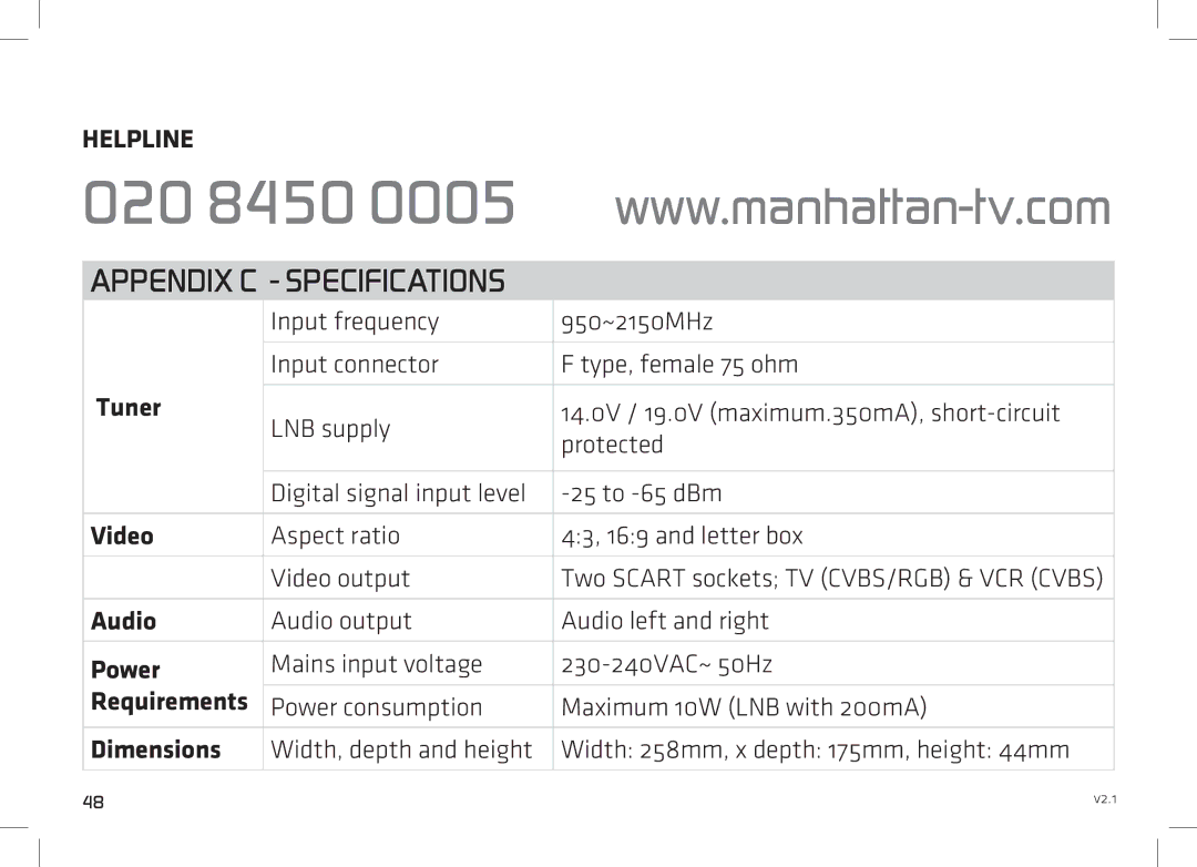 Manhattan Computer Products DS 100 manual Helpline, Video, Audio, Power, Dimensions 