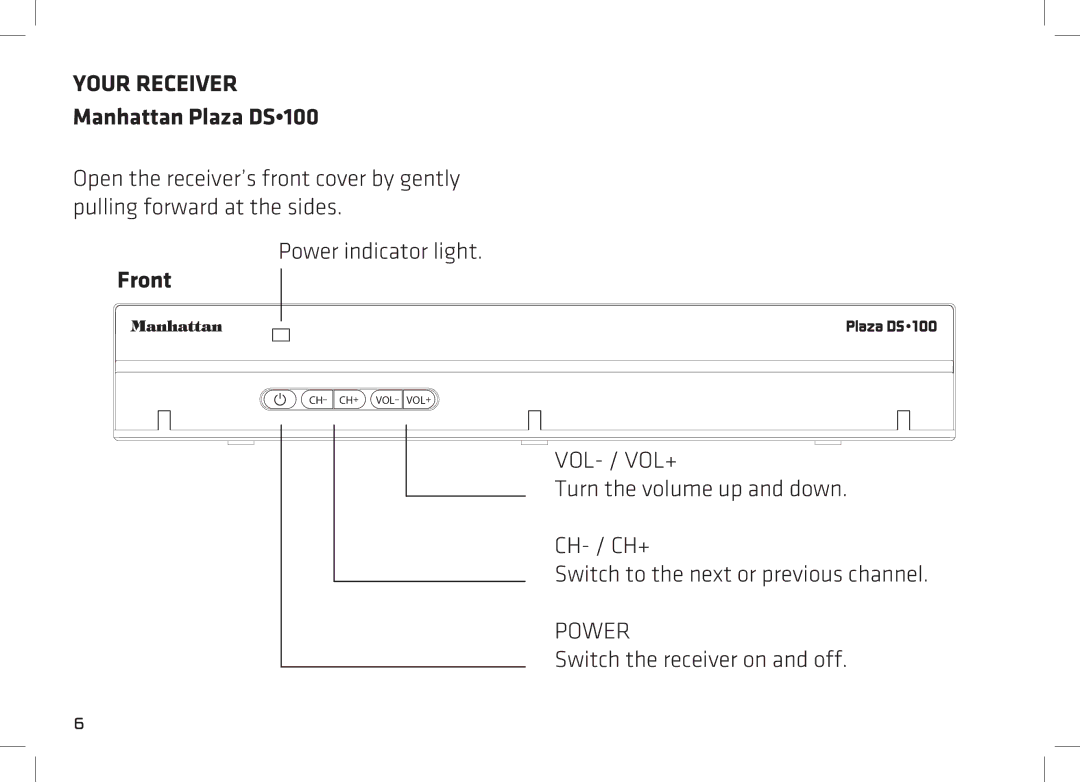 Manhattan Computer Products DS 100 manual Your Receiver, Manhattan Plaza DS100, Front, Switch the receiver on and off 