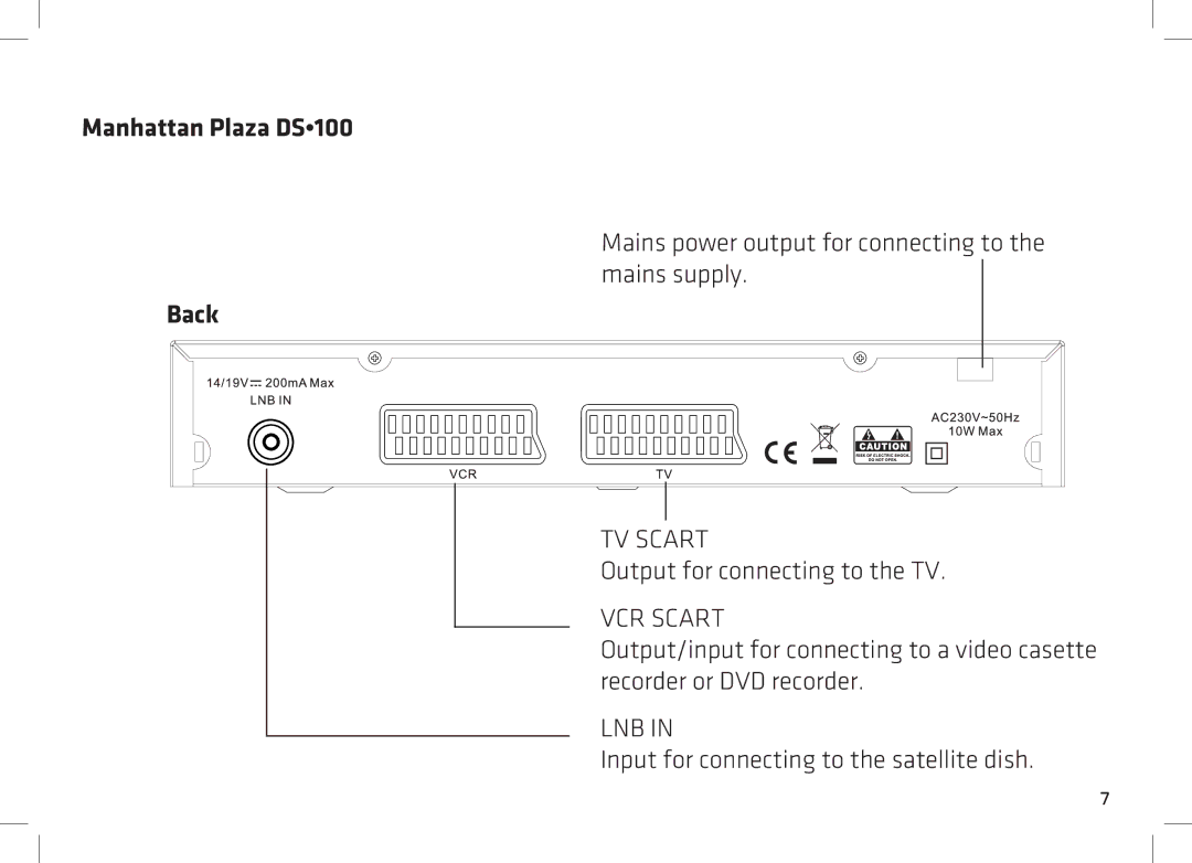 Manhattan Computer Products DS 100 manual Mains power output for connecting to the mains supply, Back 