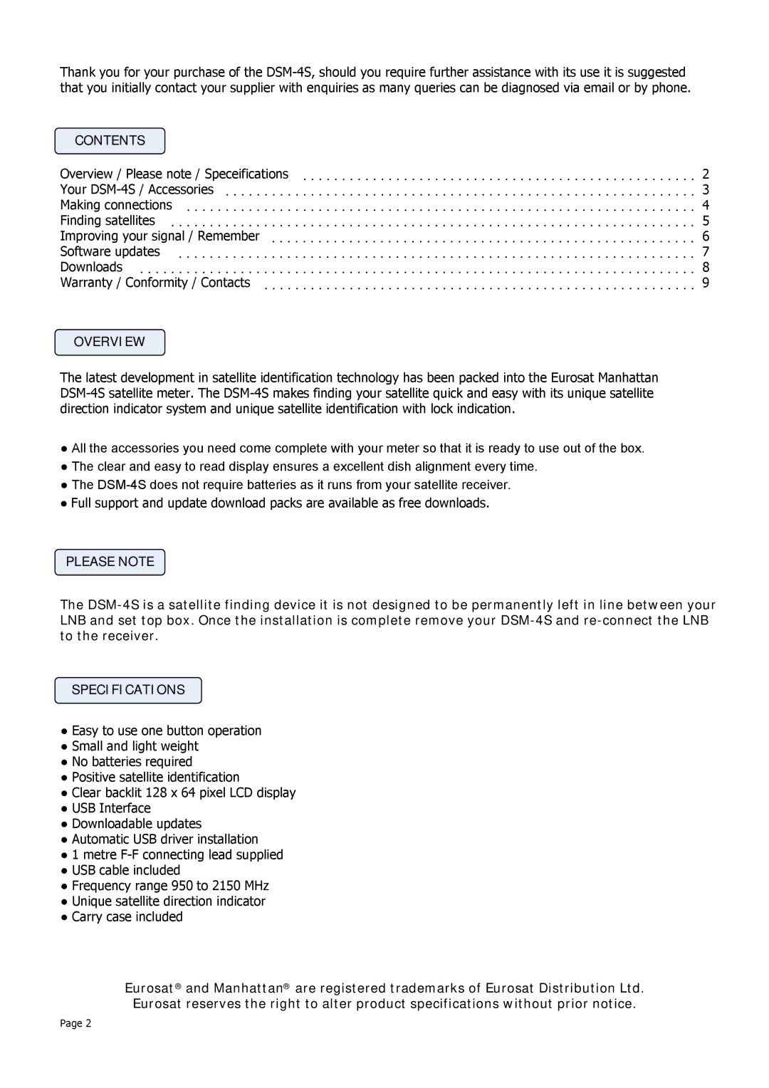 Manhattan Computer Products DSM-4S instruction manual Contents, Overview, Please Note, Specifications 