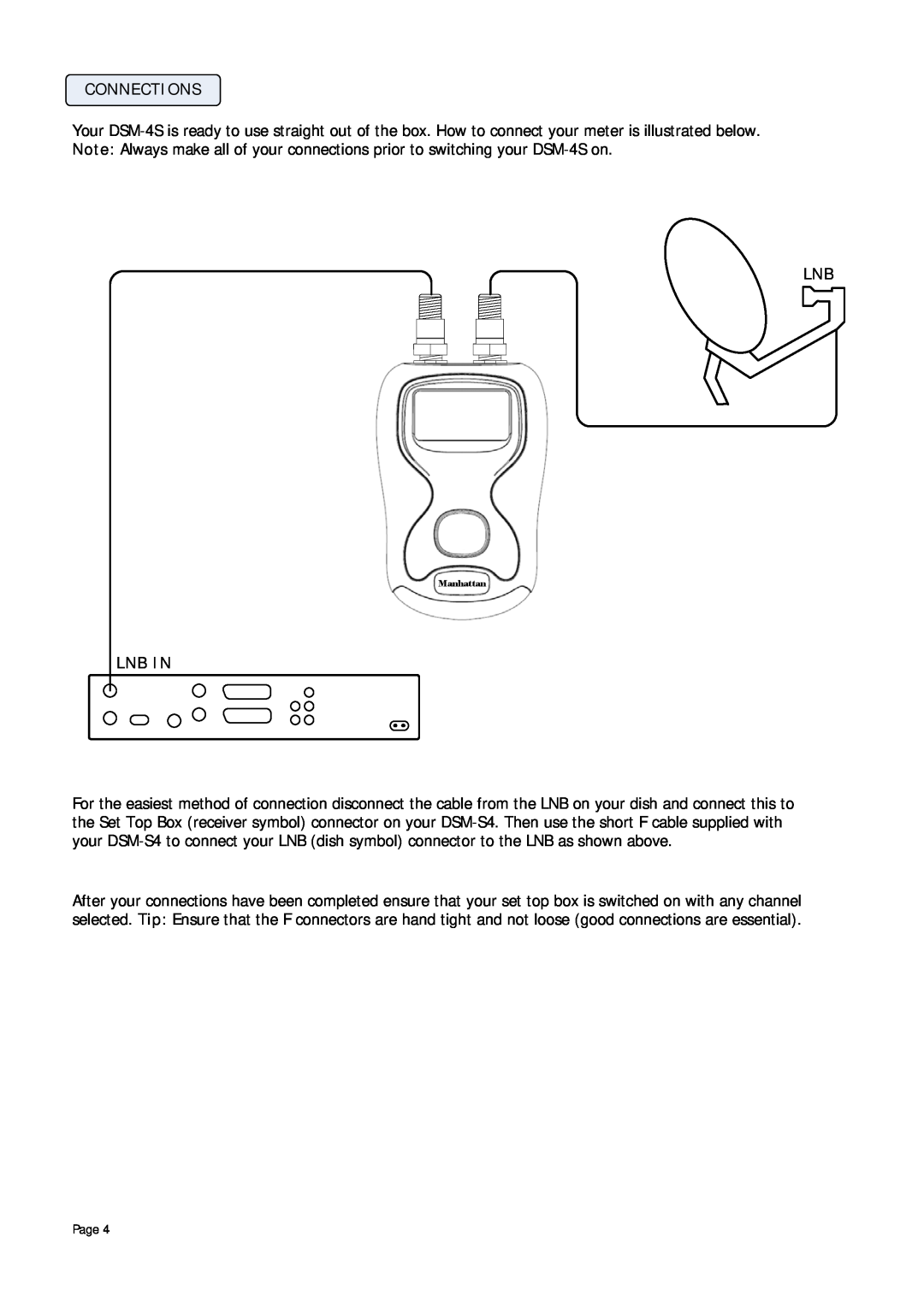 Manhattan Computer Products DSM-4S instruction manual Connections, Lnb In, Manhattan 