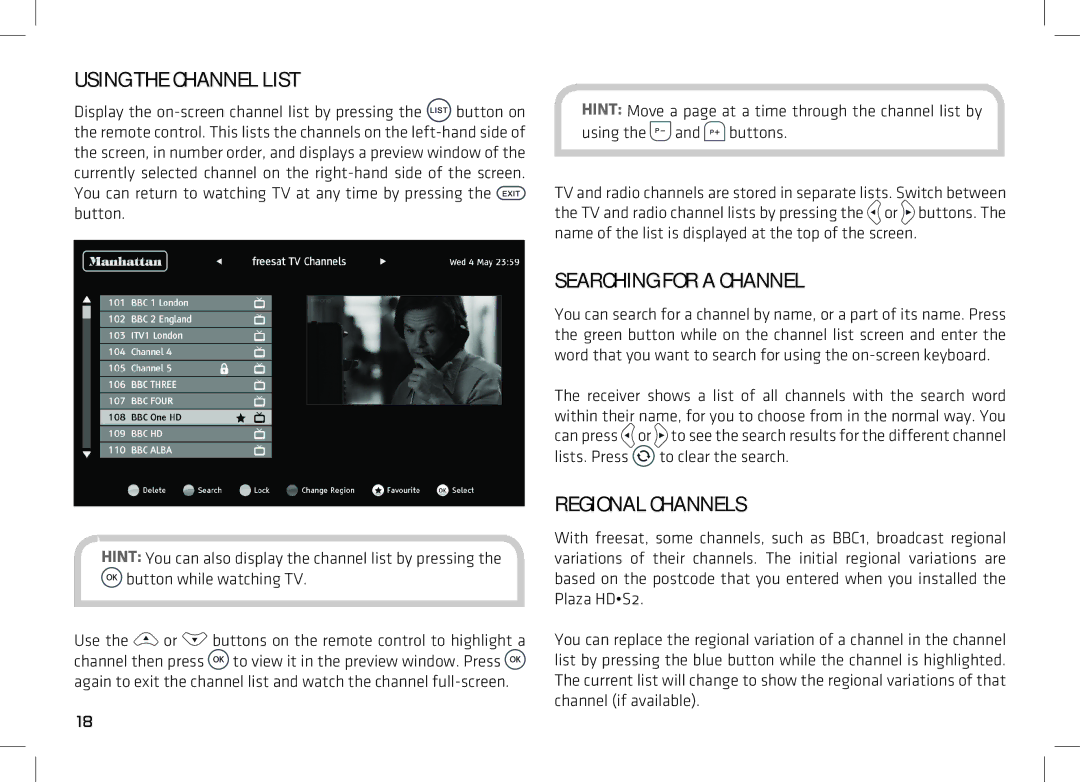 Manhattan Computer Products HDS2 manual Using the Channel List, Searching for a Channel, Regional Channels 