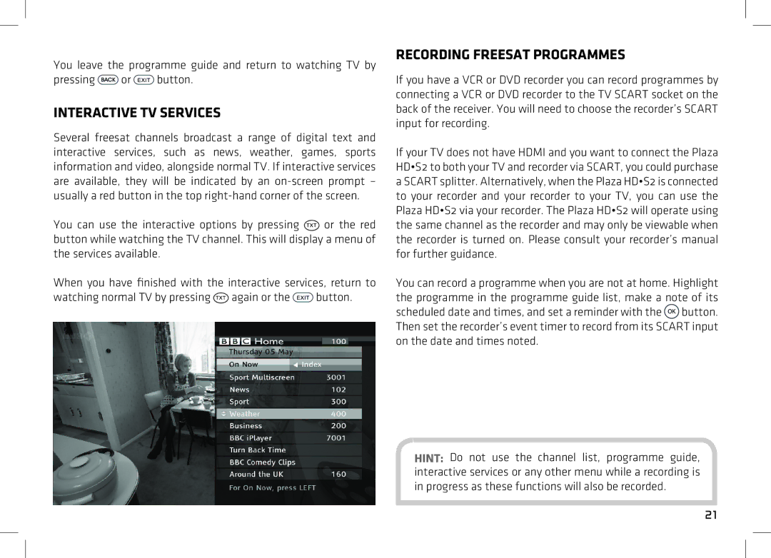 Manhattan Computer Products HDS2 manual Interactive TV Services, Recording Freesat Programmes 