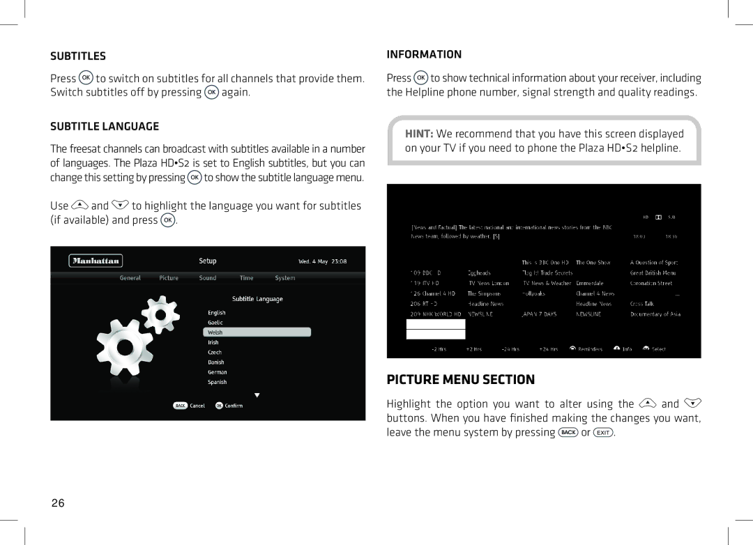 Manhattan Computer Products HDS2 manual Picture Menu Section, Subtitles, Subtitle Language, Information 