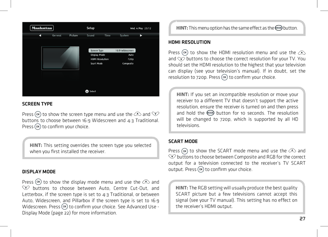 Manhattan Computer Products HDS2 manual Screen Type, Display Mode, Hdmi Resolution, Scart Mode 