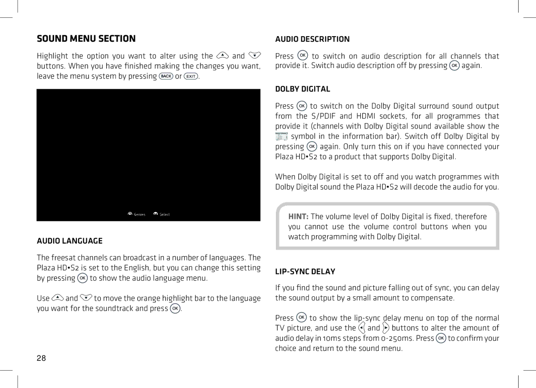 Manhattan Computer Products HDS2 Sound Menu Section, Audio Language, Audio Description, Dolby Digital, LIP-SYNC Delay 