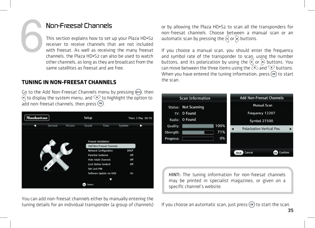 Manhattan Computer Products HDS2 manual 6Non-Freesat Channels, Tuning in NON-FREESAT Channels 