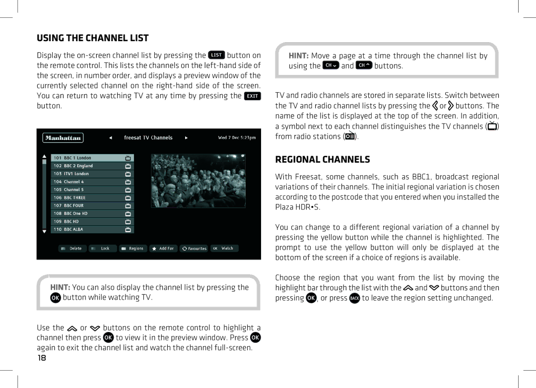Manhattan Computer Products Plaza HDR-S 500GB manual Using the Channel List, Regional Channels 