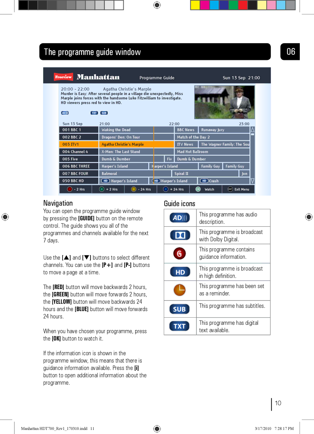 Manhattan Computer Products Plaza HDT-700 manual Programme guide window, Navigation, Guide icons 