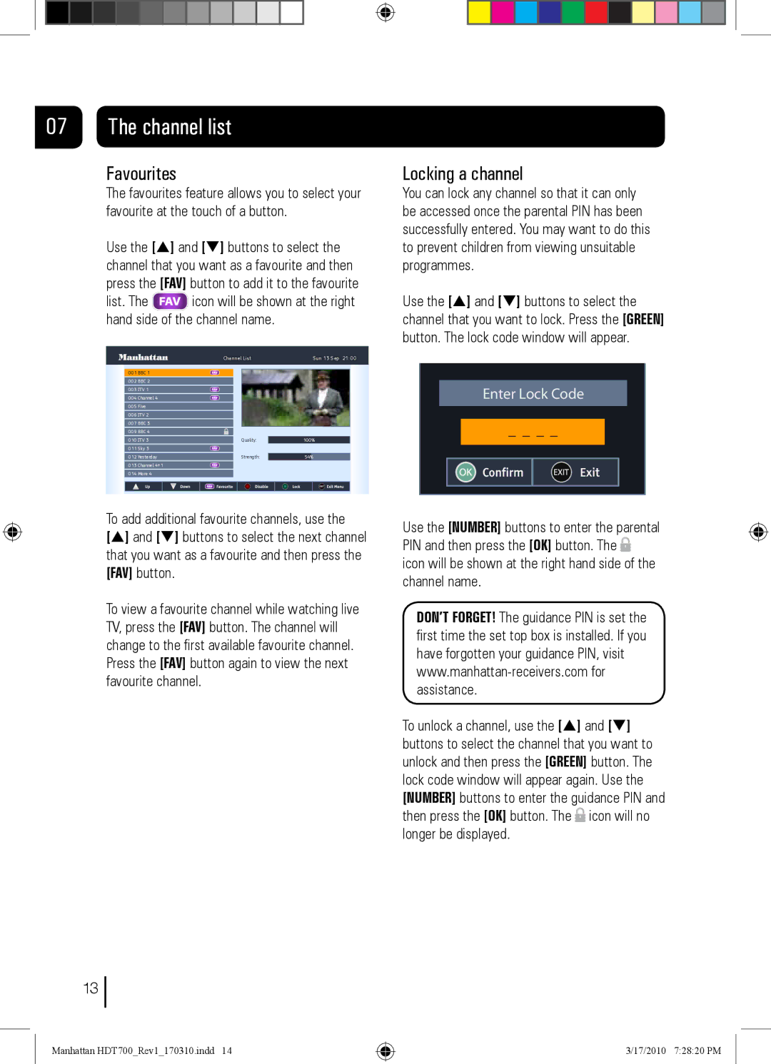 Manhattan Computer Products Plaza HDT-700 manual Favourites, Locking a channel 