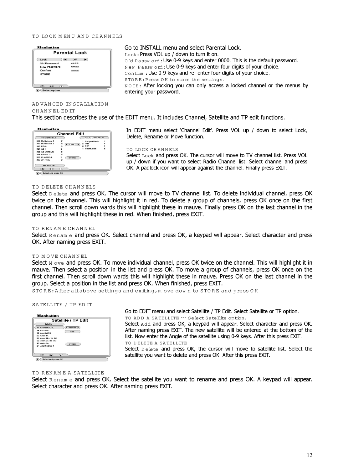 Manhattan Computer Products ST 250 To Lock Menu and Channels, Advanced Installation Channel Edit, To Delete Channels 